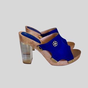 Trina  Turk Palm Springs Lucite-Heel Blue Suede Mules Clugs Slip-On Sandals